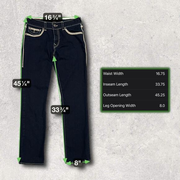 ★ True Religion (Ricky) Dark Straight-Leg Jeans w/ White Stitching ★ - Picture 5 of 8